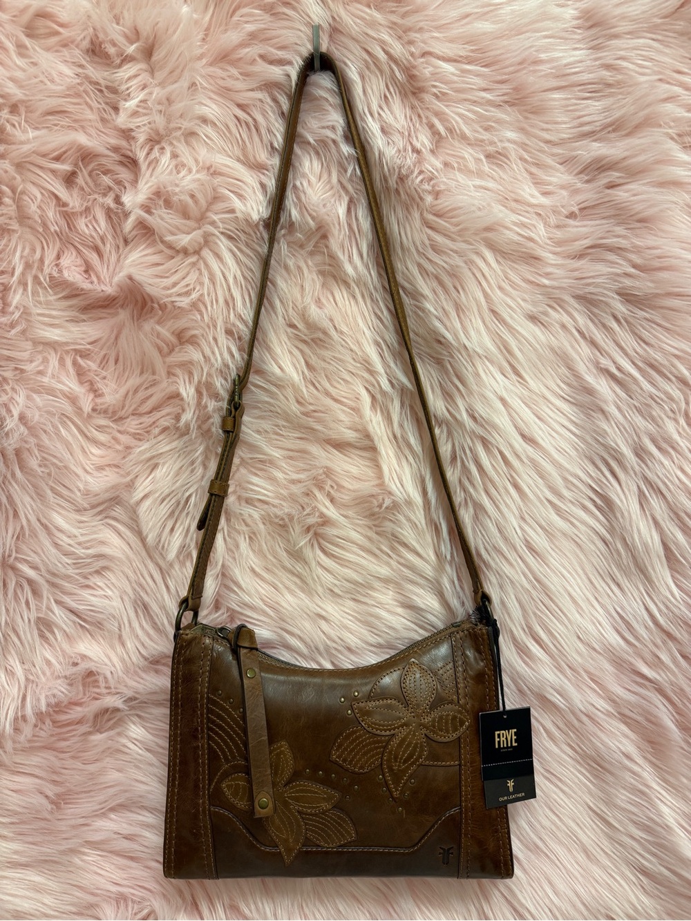 FRYE Brown Floral Embossed Leather Crossbody with Adjustable Strap